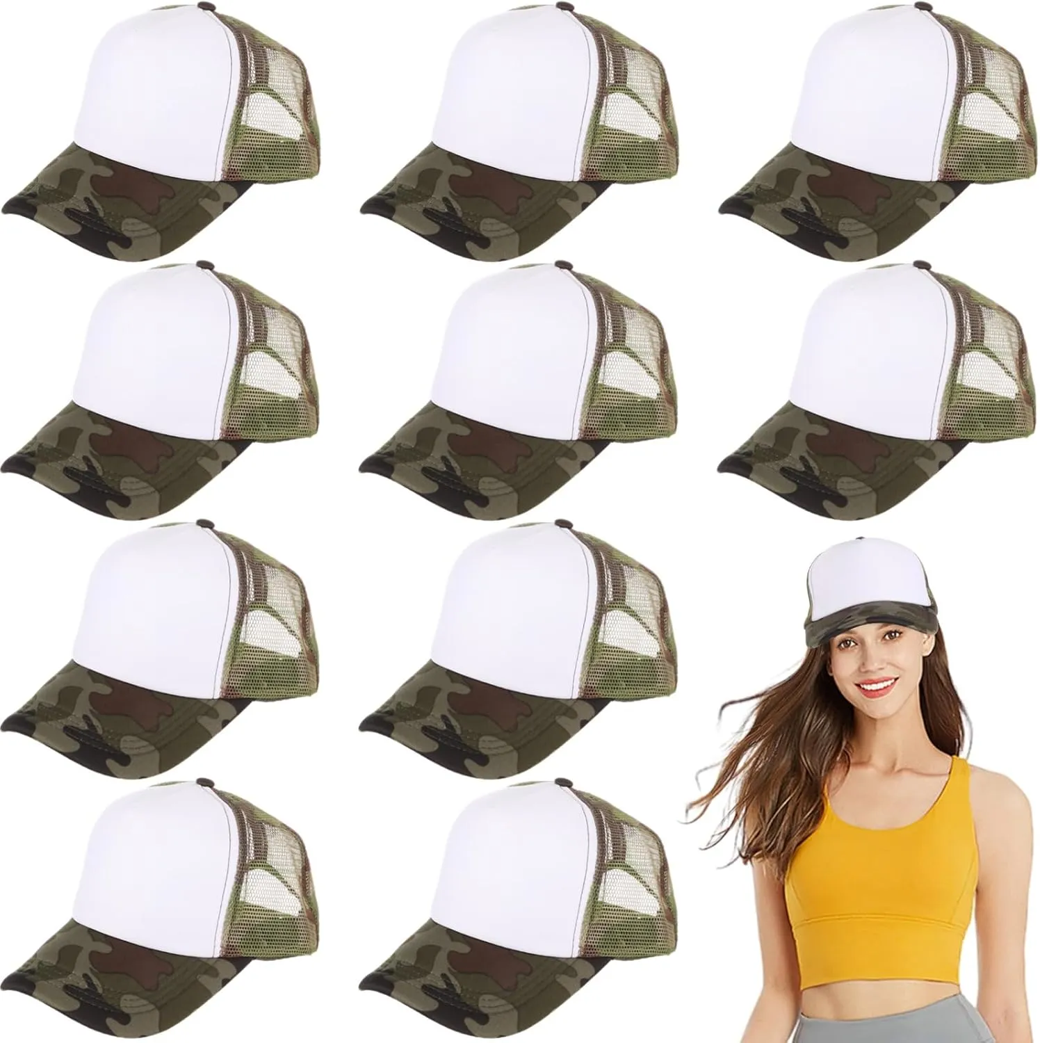 10 PCS Sublimation Blank Trucker Hats, Plain Baseball Caps with Adjustable Back Strap Unisex Mesh Caps for Men and Women DIY