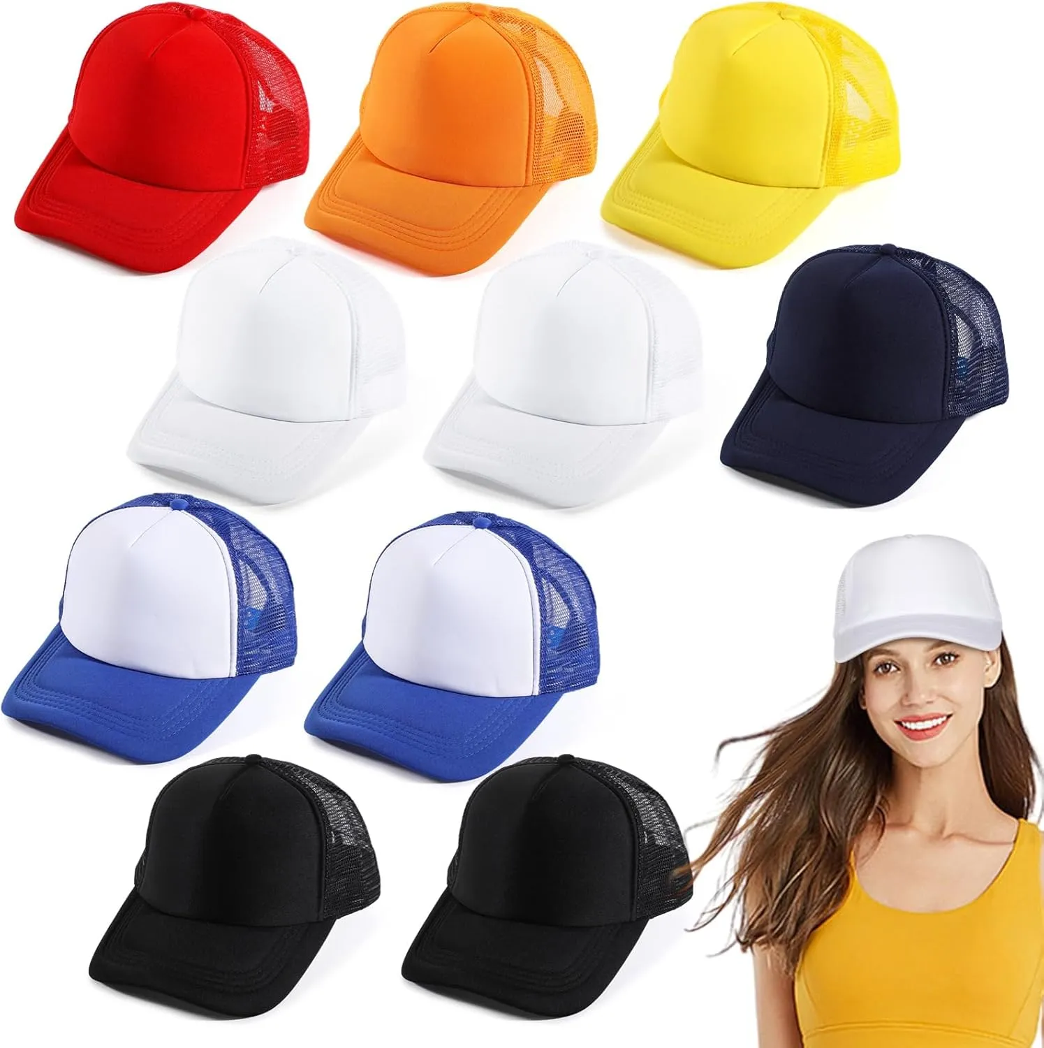 10 PCS Sublimation Blank Trucker Hats, Plain Baseball Caps with Adjustable Back Strap Unisex Mesh Caps for Men and Women DIY