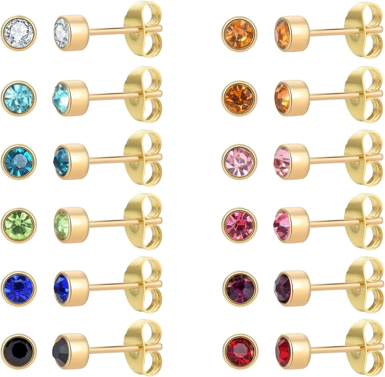 12 Pairs 18K Gold Plated Surgical Stainless Steel Stud Earring, Cubic Zirconia CZ Stud Earrings for Women, Multicolor Birthstone Stud Earrings Set