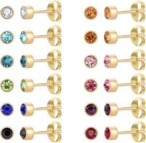 12 Pairs 18K Gold Plated Surgical Stainless Steel Stud Earring, Cubic Zirconia CZ Stud Earrings for Women, Multicolor Birthstone Stud Earrings Set