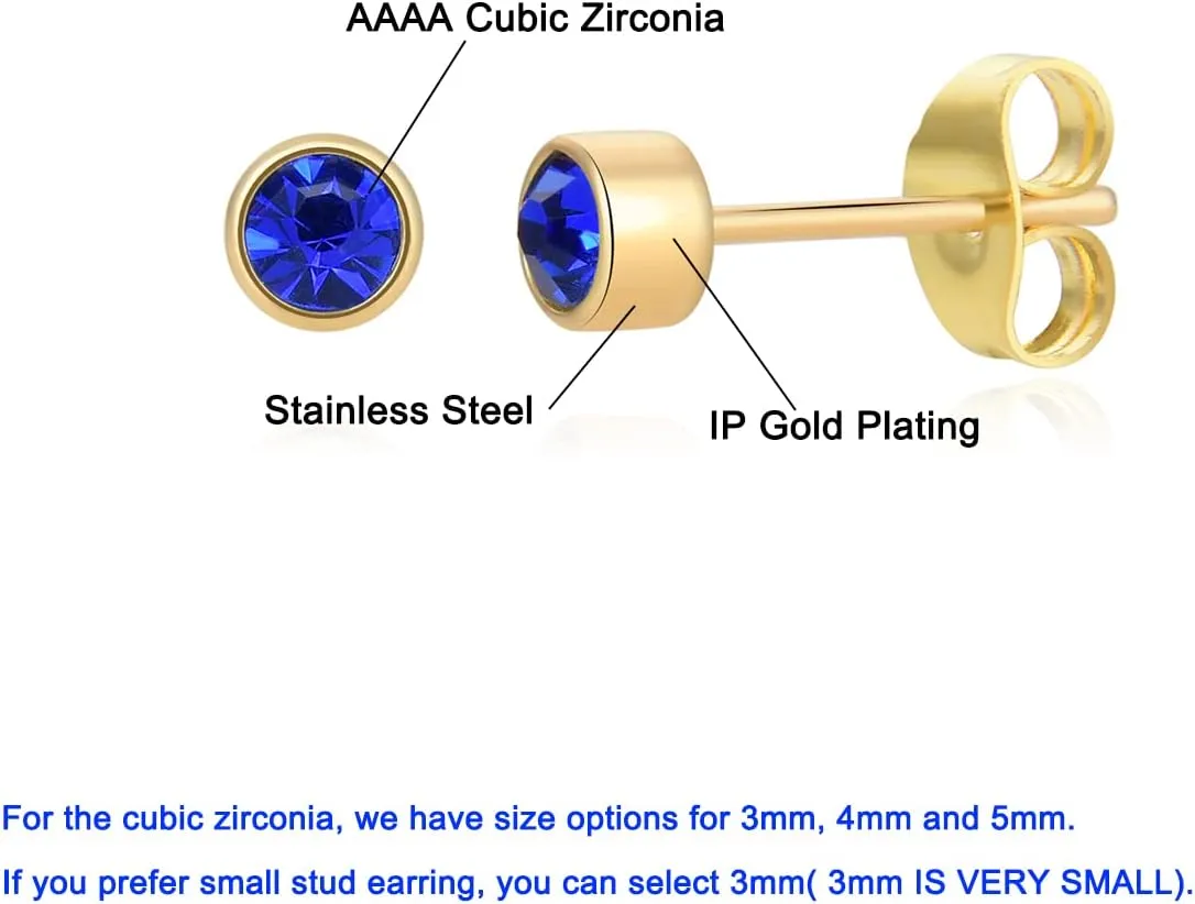 12 Pairs 18K Gold Plated Surgical Stainless Steel Stud Earring, Cubic Zirconia CZ Stud Earrings for Women, Multicolor Birthstone Stud Earrings Set