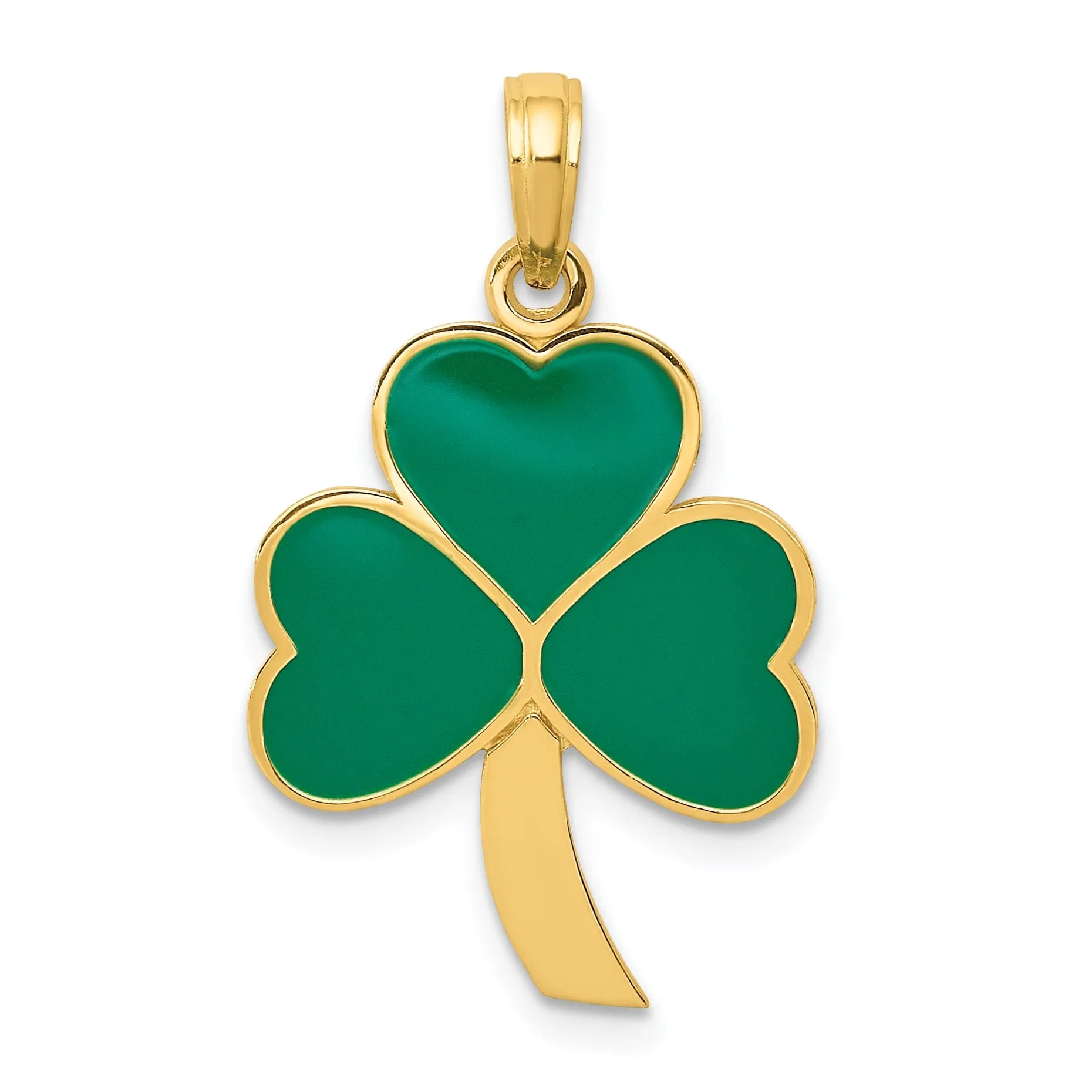 14k Yellow Gold Solid Textured Polished Finish Green Enameled Finish Shamrock Charm Pendant