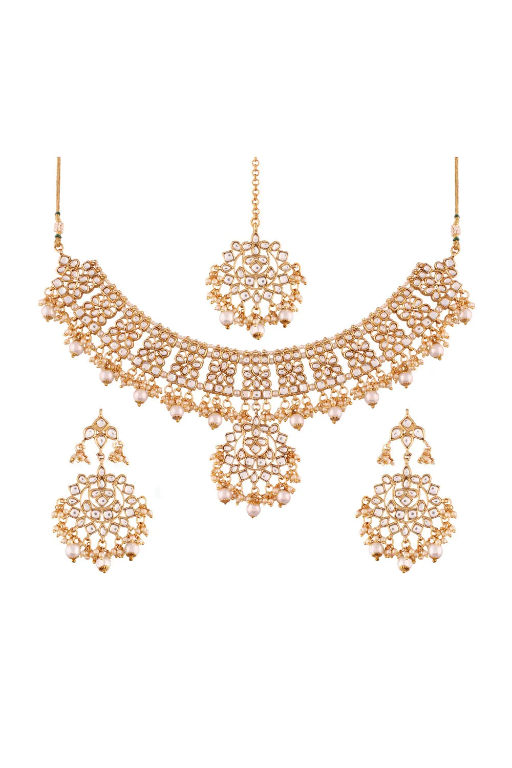 Alloy Necklace with Earrings and Maang Tikka in white