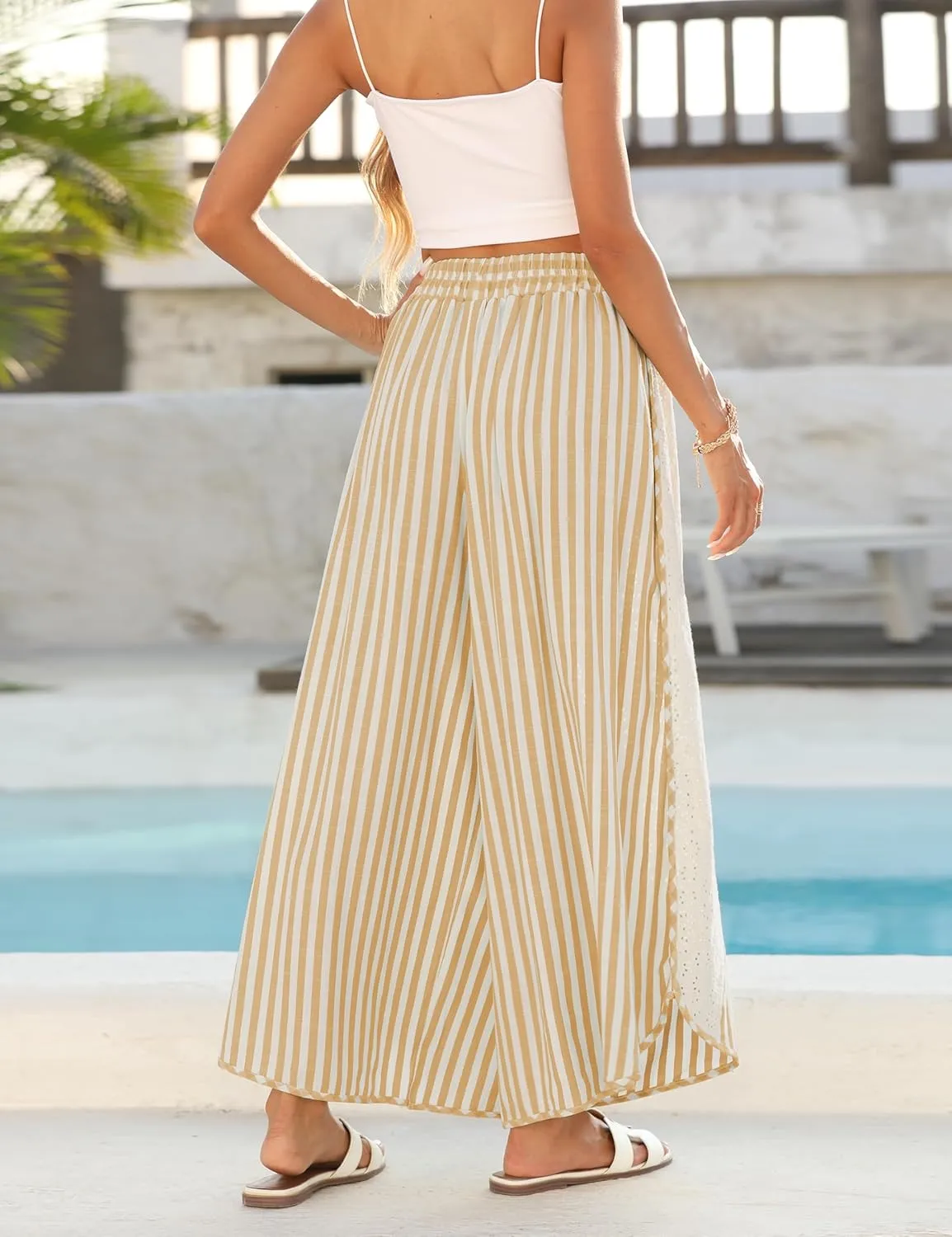 Athlisan Womens Summer Casual Loose Striped Wide Leg Lounge Pants Elastic Waist Palazzo Trousers