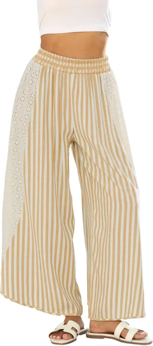 Athlisan Womens Summer Casual Loose Striped Wide Leg Lounge Pants Elastic Waist Palazzo Trousers