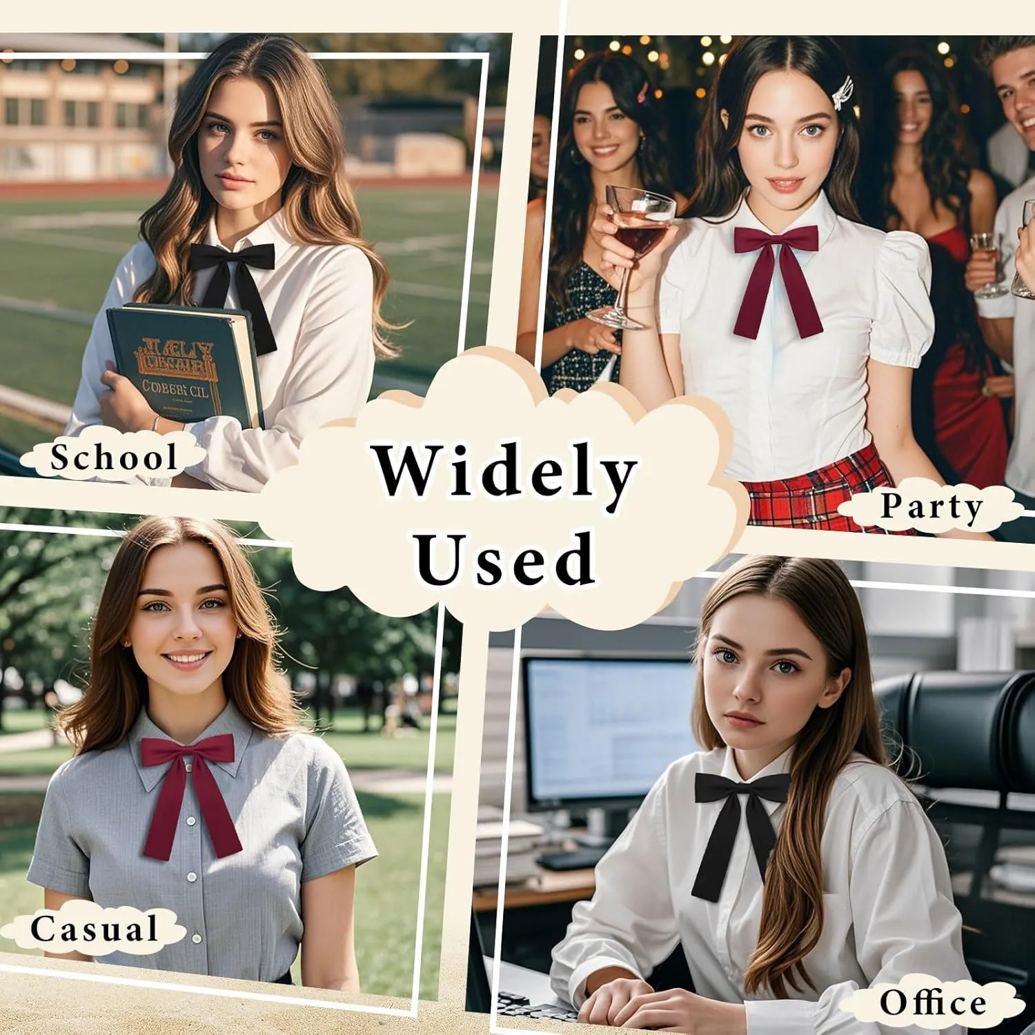 Bow Ties for Women Girls Pre-tied Adjustable Womens Bow Tie, Solid Color Ribbon Bowtie for Women School Uniform Shirt