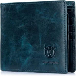 BULLCAPTAIN RFID Wallets for Men Slim Bifold Genuine Leather Front Pocket Wallet with 2 ID Windows QB-05 (Peacock Blue)