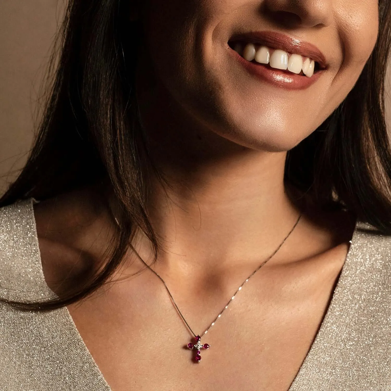 CROSS NECKLACE - RED ZIRCONIA AND SILVER
