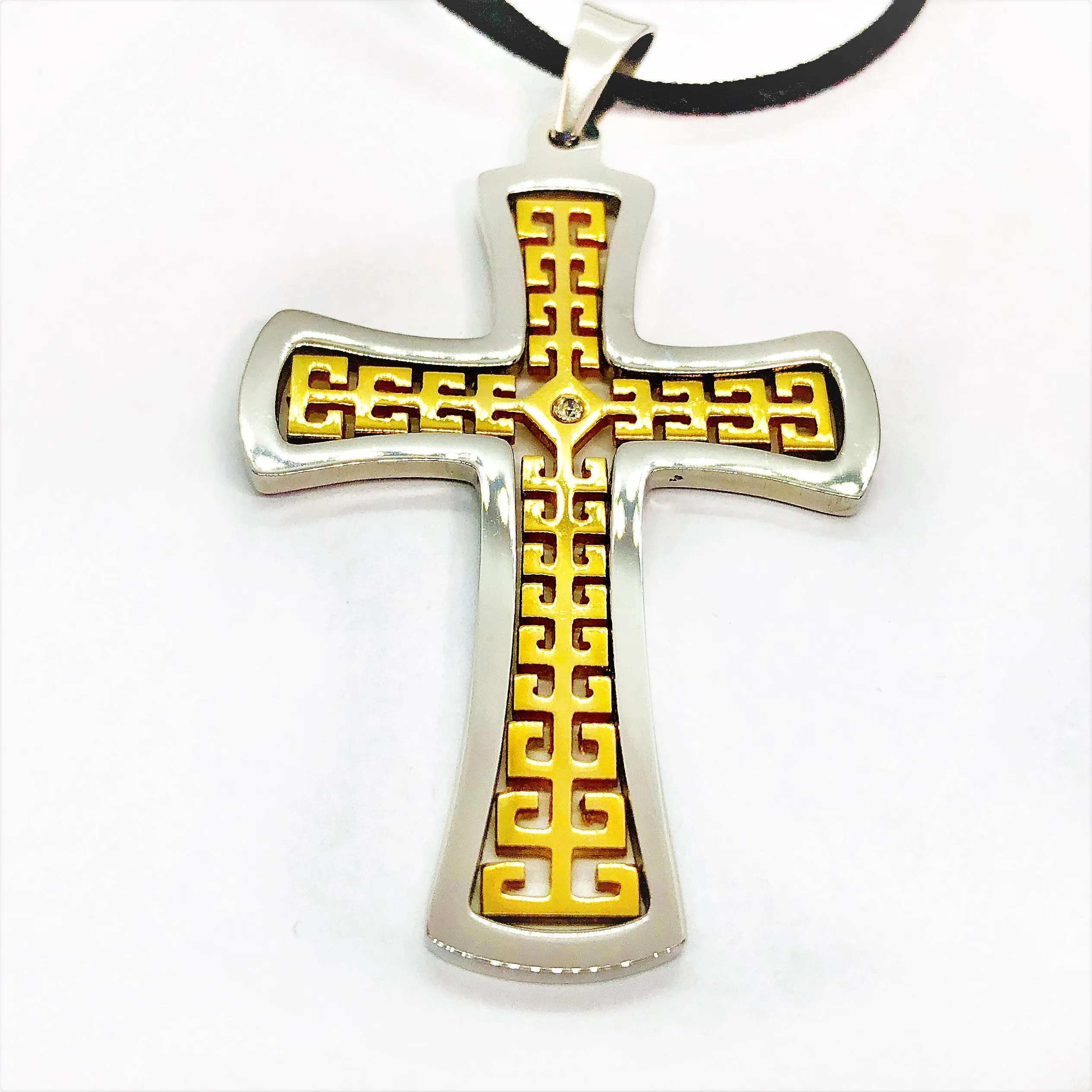 CZ Accented Two-Tone Stainless Steel Cross Necklace