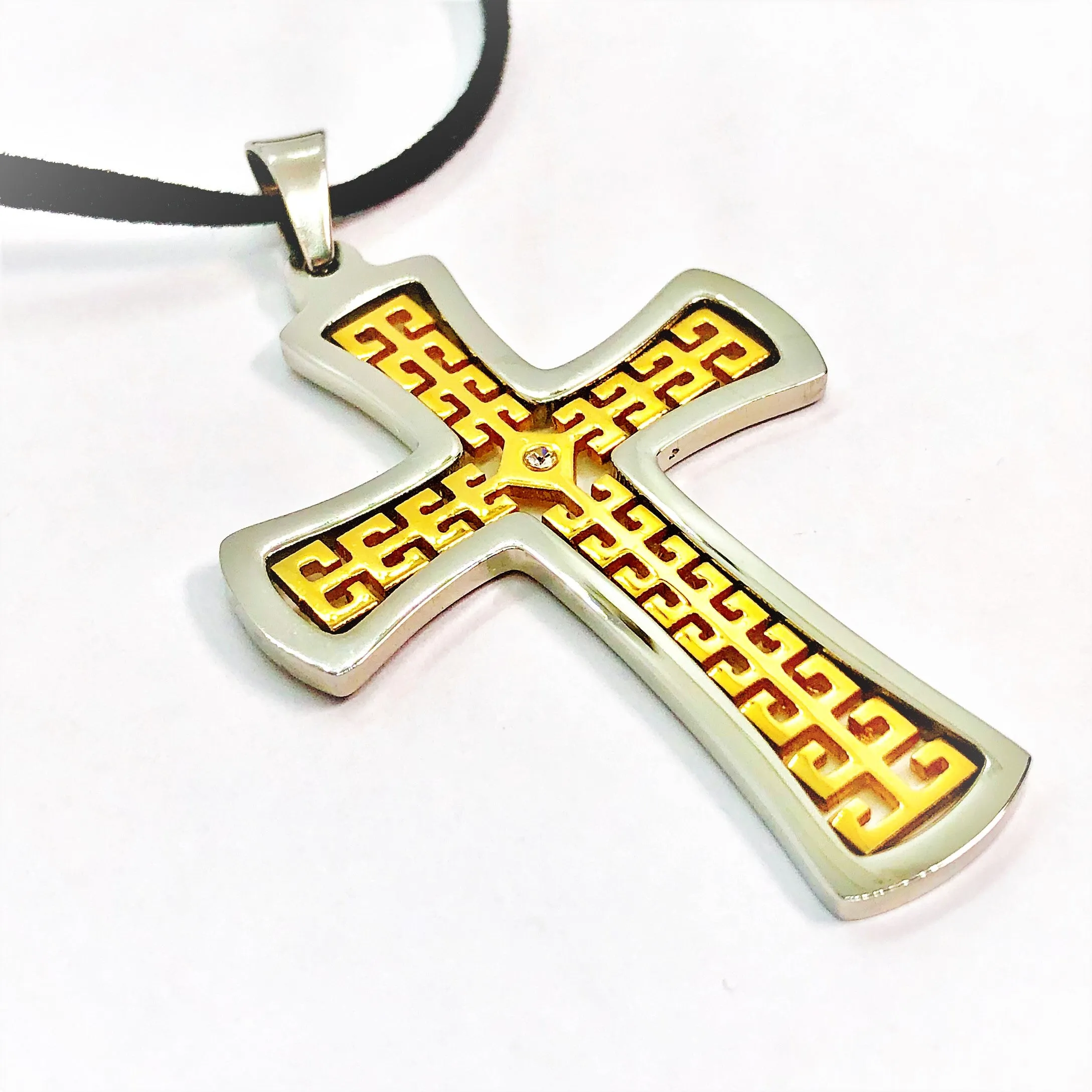CZ Accented Two-Tone Stainless Steel Cross Necklace
