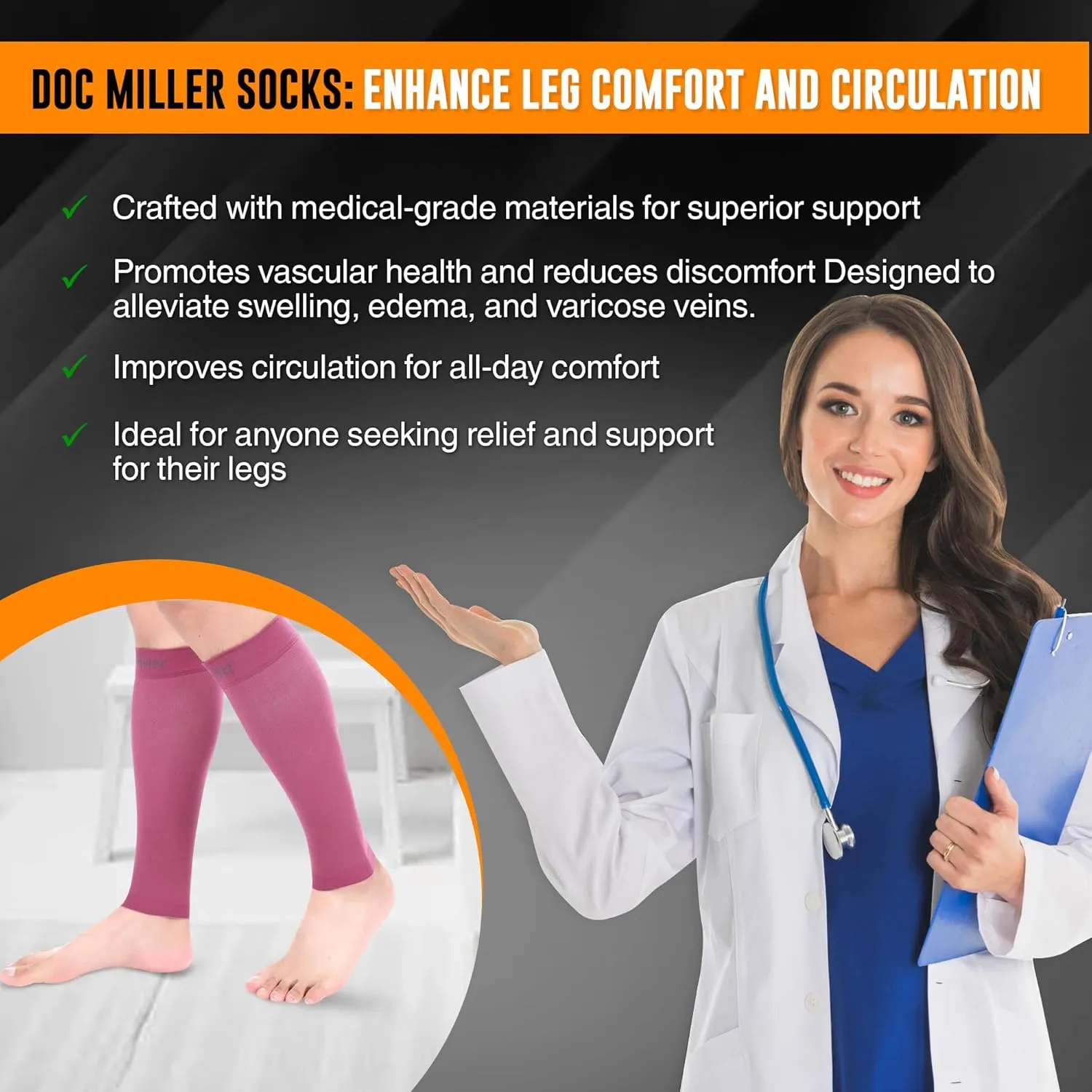 Doc Miller Compression Calf Sleeve for Men & Women, Premium Medical Grade, 20-30mmHg Graduated, Shin Splints, 1 Pair