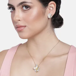 Estele Gold & Rhodium Plated Maple Leaf Designer Necklace Set with Pearl for Women