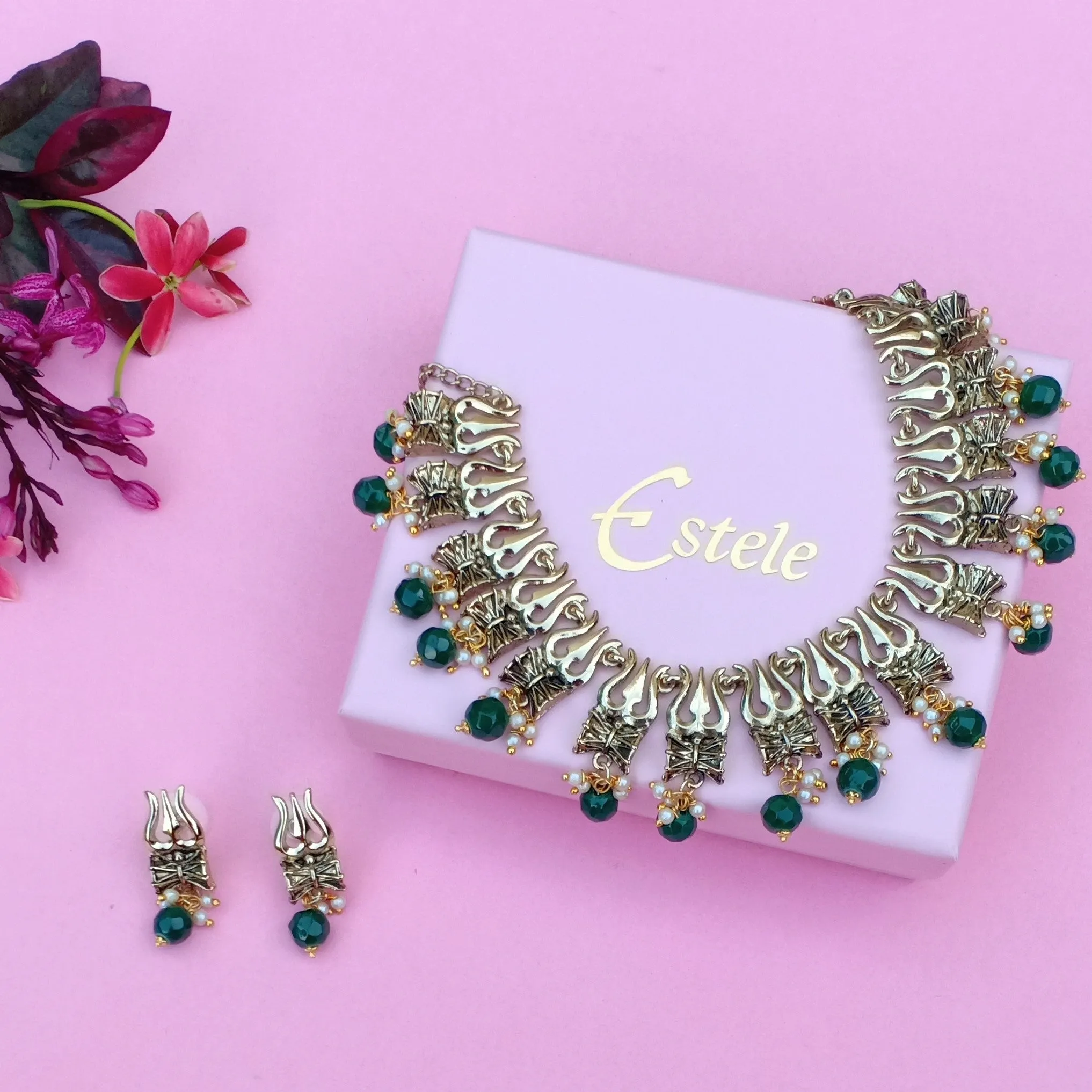 Estele Gold Plated Antique Heavenly Thrishul & Damru Chocker Necklace Set with Green Beads for Women