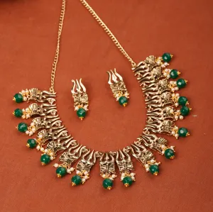 Estele Gold Plated Antique Heavenly Thrishul & Damru Chocker Necklace Set with Green Beads for Women