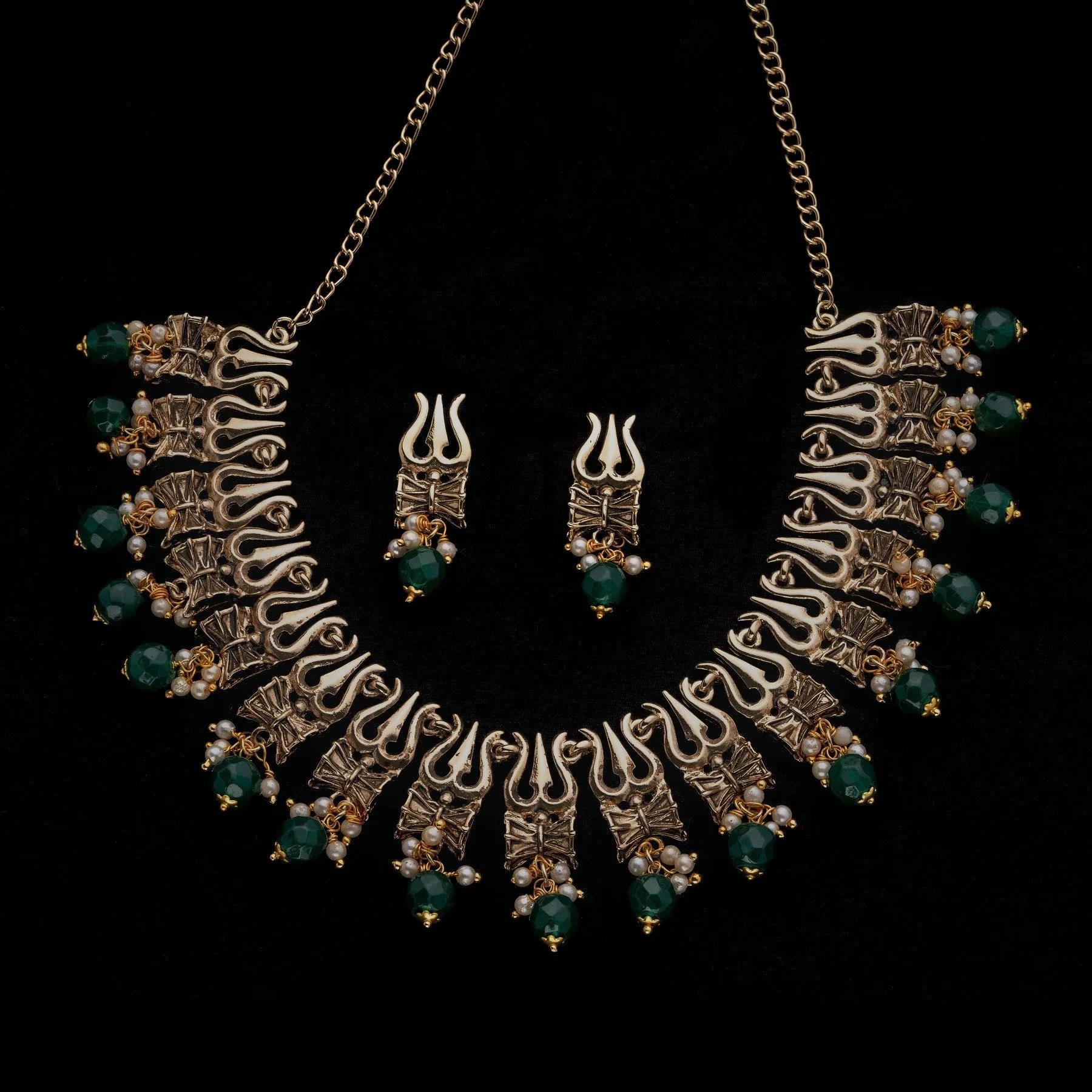 Estele Gold Plated Antique Heavenly Thrishul & Damru Chocker Necklace Set with Green Beads for Women