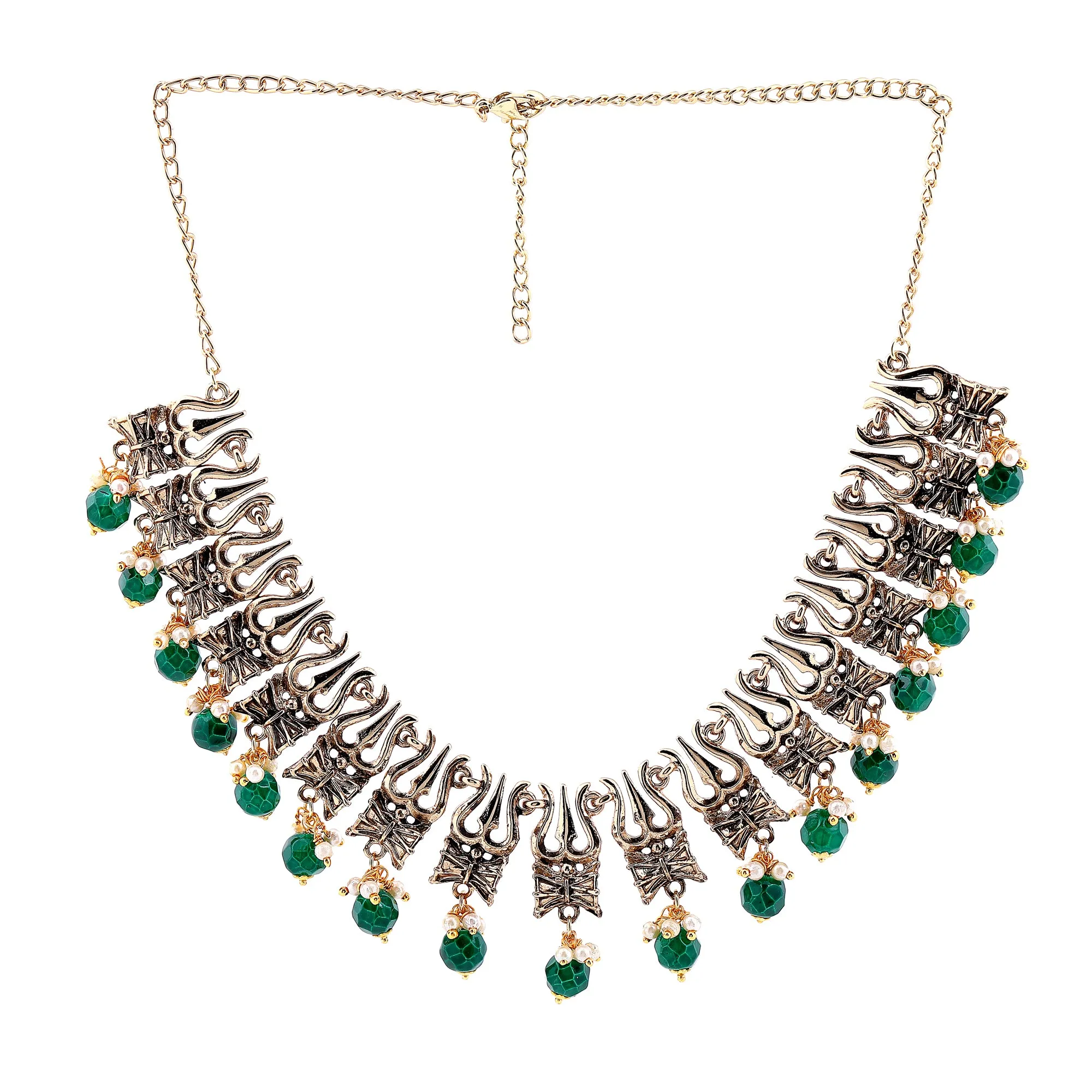 Estele Gold Plated Antique Heavenly Thrishul & Damru Chocker Necklace Set with Green Beads for Women