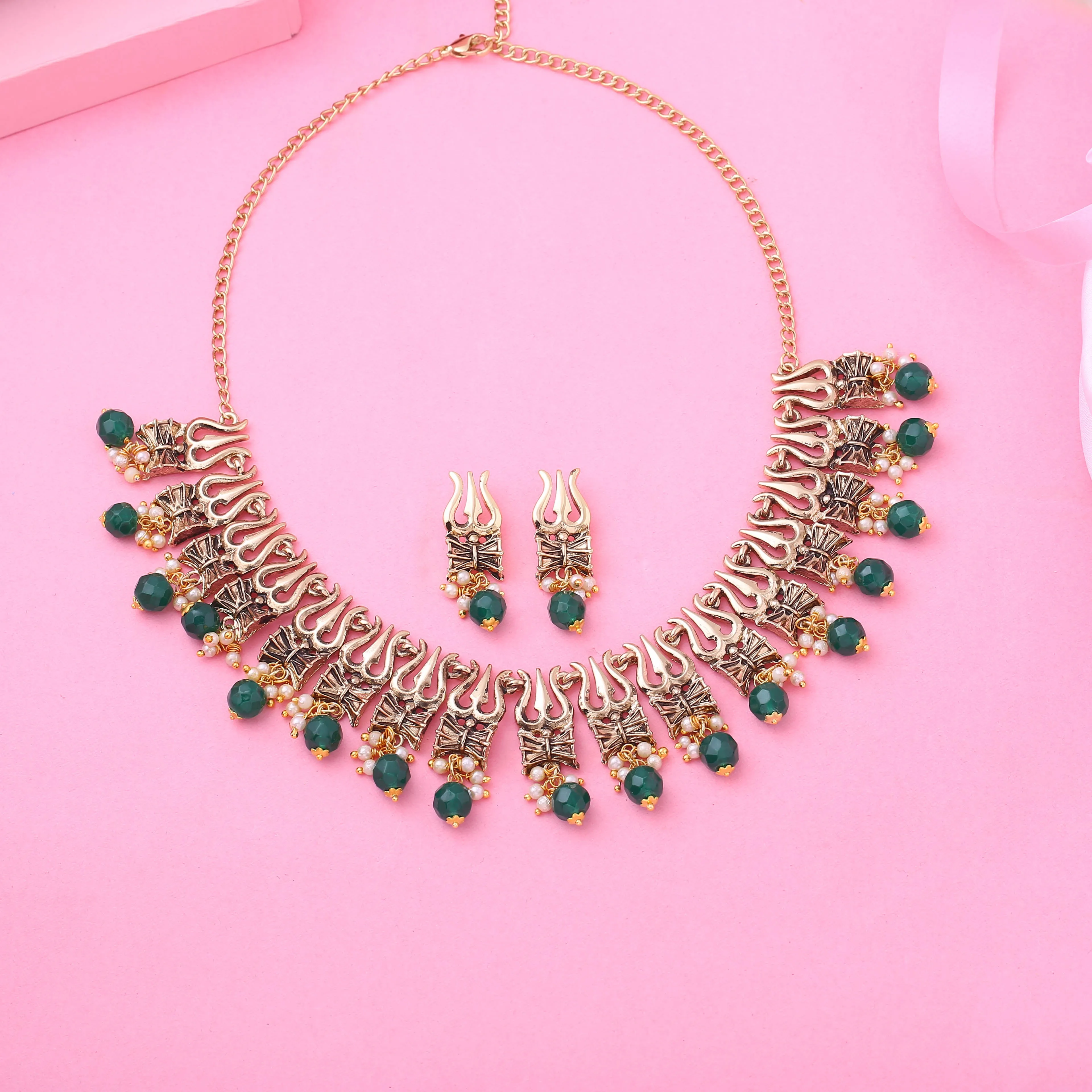Estele Gold Plated Antique Heavenly Thrishul & Damru Chocker Necklace Set with Green Beads for Women