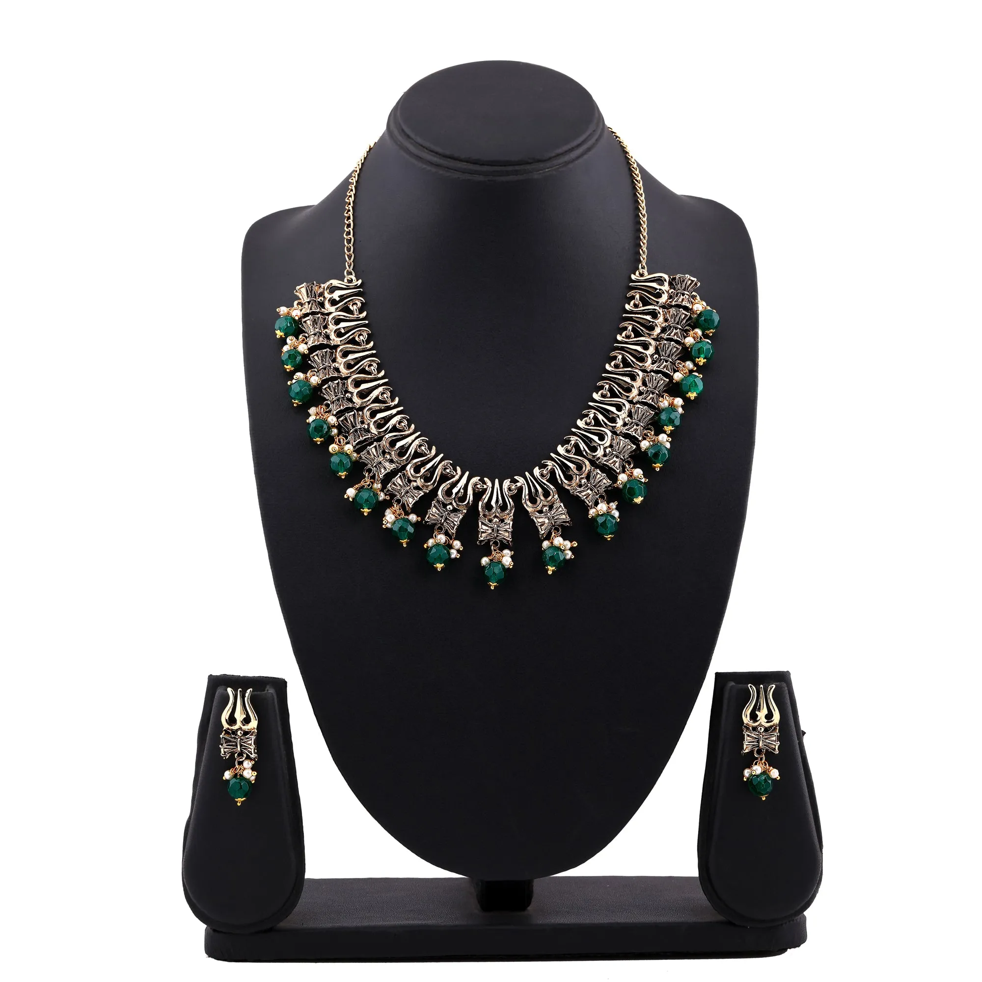 Estele Gold Plated Antique Heavenly Thrishul & Damru Chocker Necklace Set with Green Beads for Women