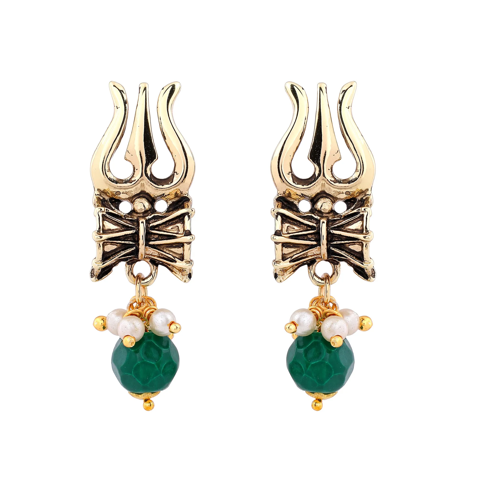 Estele Gold Plated Antique Heavenly Thrishul & Damru Chocker Necklace Set with Green Beads for Women