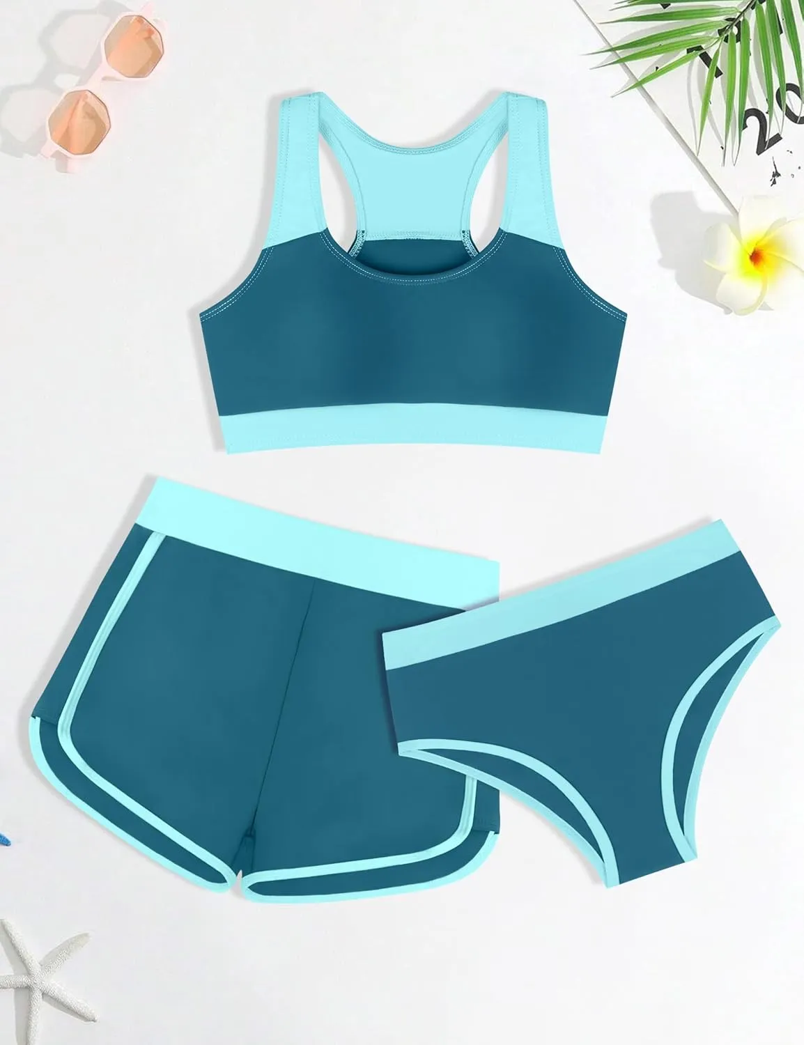Girls Bikini 3PCS Swim Sets Color Block Crop Top Briefs with Shorts for 7-16 Years