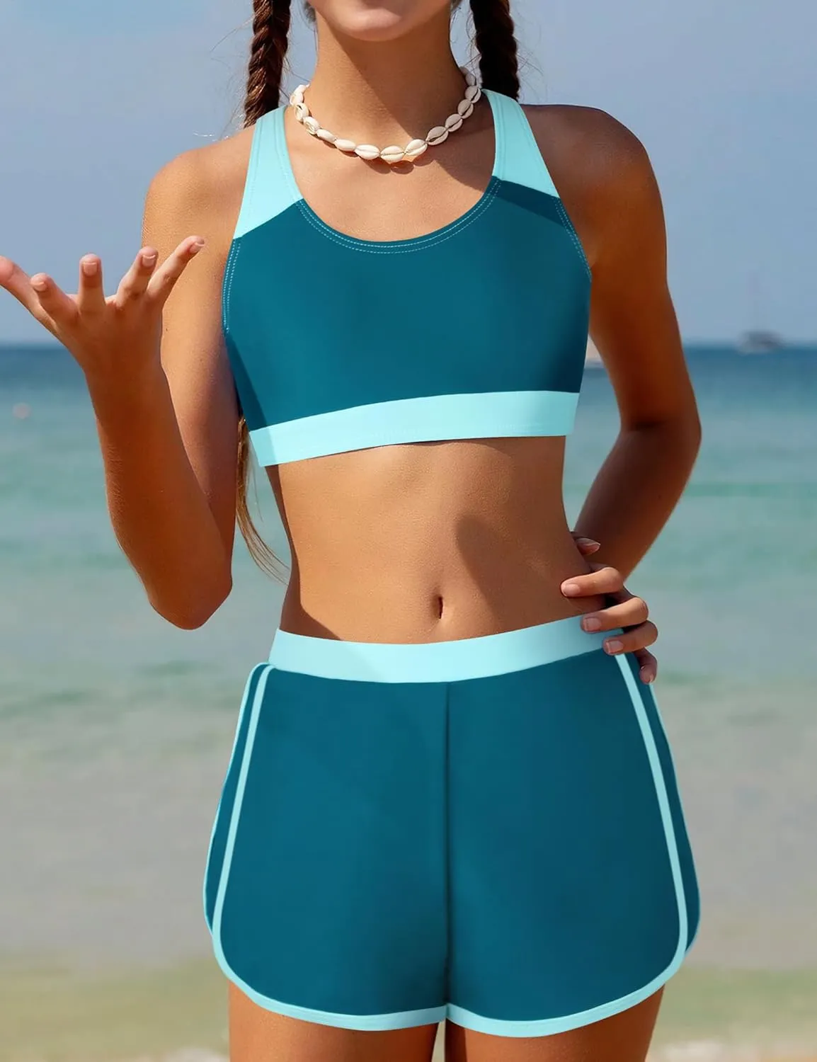 Girls Bikini 3PCS Swim Sets Color Block Crop Top Briefs with Shorts for 7-16 Years