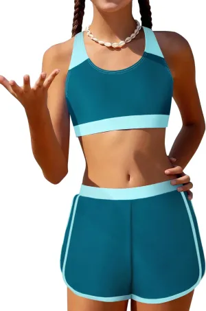 Girls Bikini 3PCS Swim Sets Color Block Crop Top Briefs with Shorts for 7-16 Years