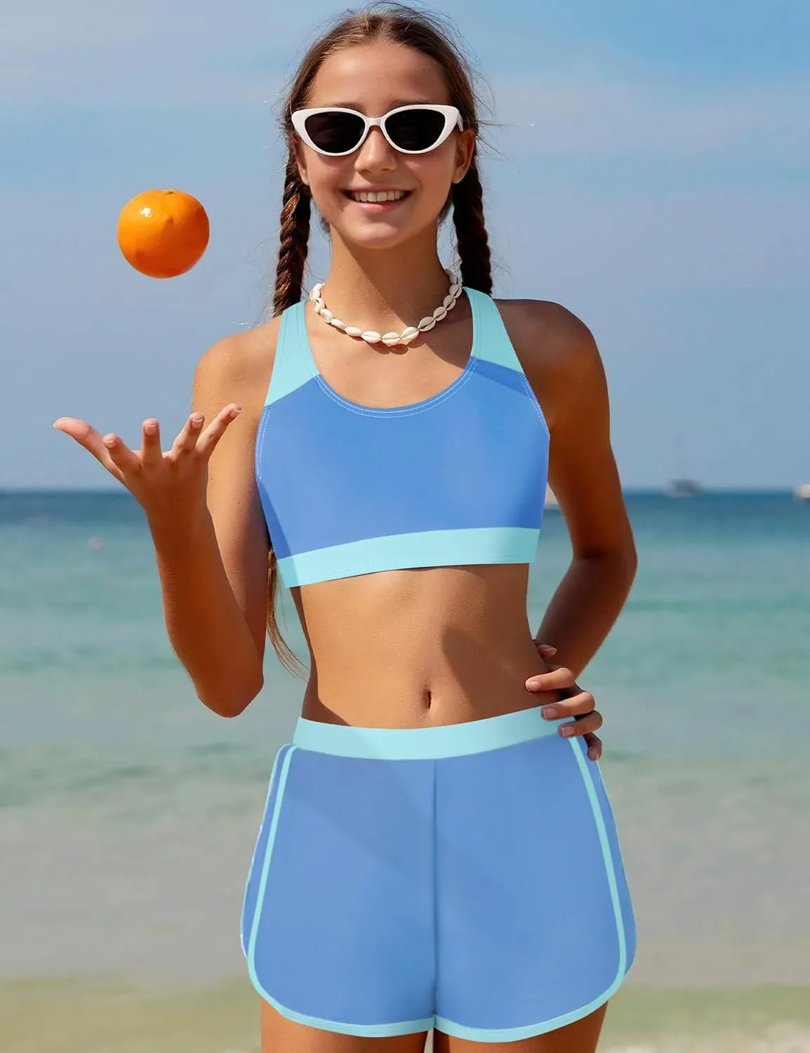 Girls Bikini 3PCS Swim Sets Color Block Crop Top Briefs with Shorts for 7-16 Years