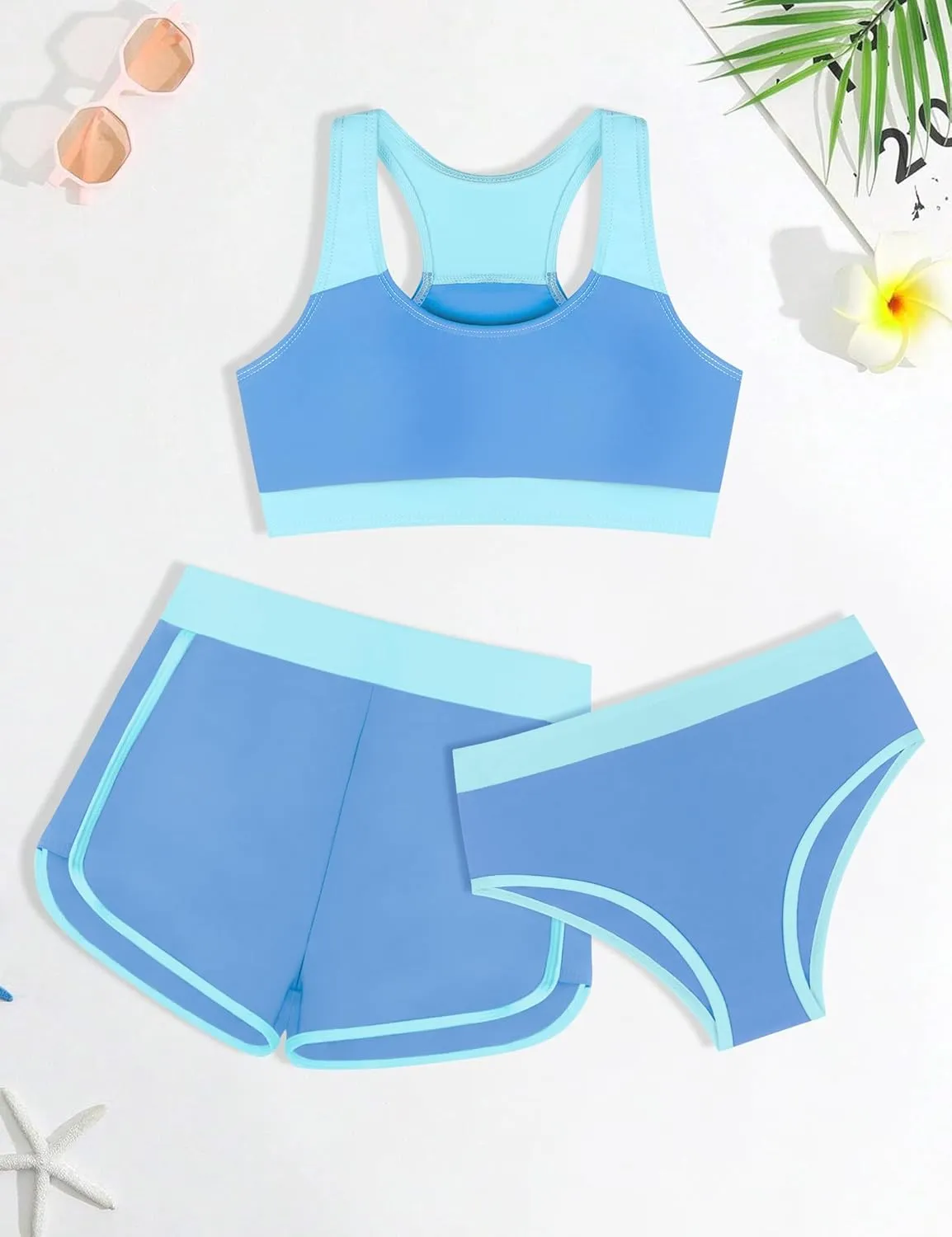 Girls Bikini 3PCS Swim Sets Color Block Crop Top Briefs with Shorts for 7-16 Years
