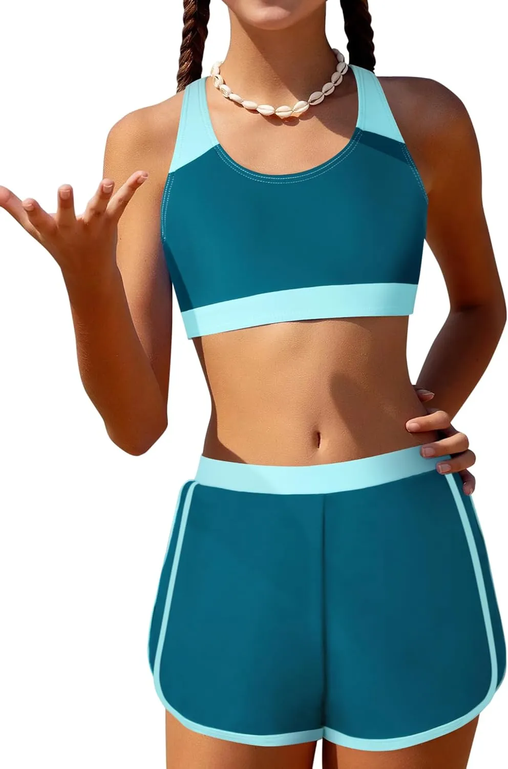 Girls Bikini 3PCS Swim Sets Color Block Crop Top Briefs with Shorts for 7-16 Years
