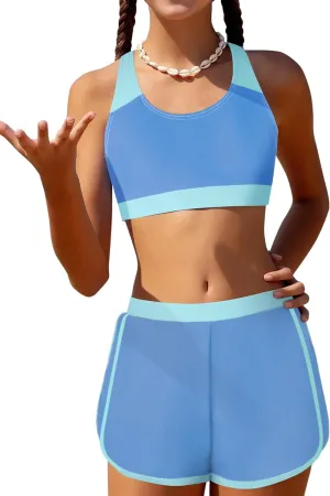 Girls Bikini 3PCS Swim Sets Color Block Crop Top Briefs with Shorts for 7-16 Years