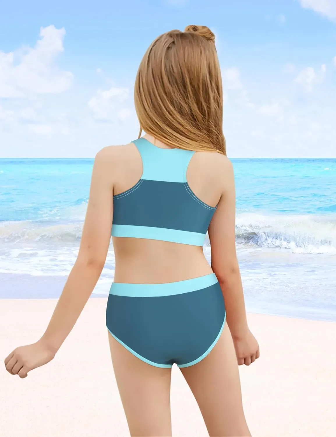 Girls Bikini 3PCS Swim Sets Color Block Crop Top Briefs with Shorts for 7-16 Years