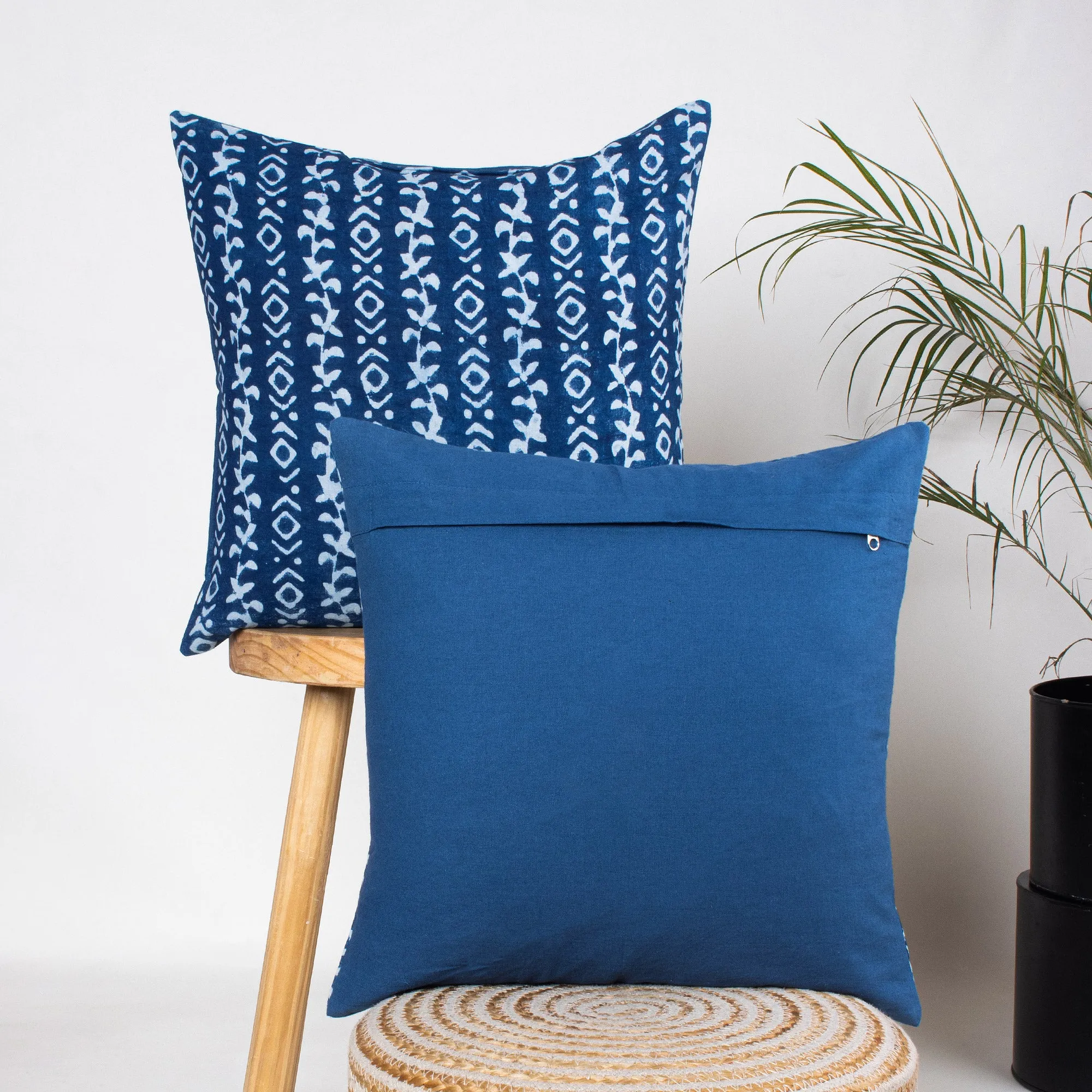 Hand Block Indigo Abstract Printed Pure Cotton Silk Cushion Covers