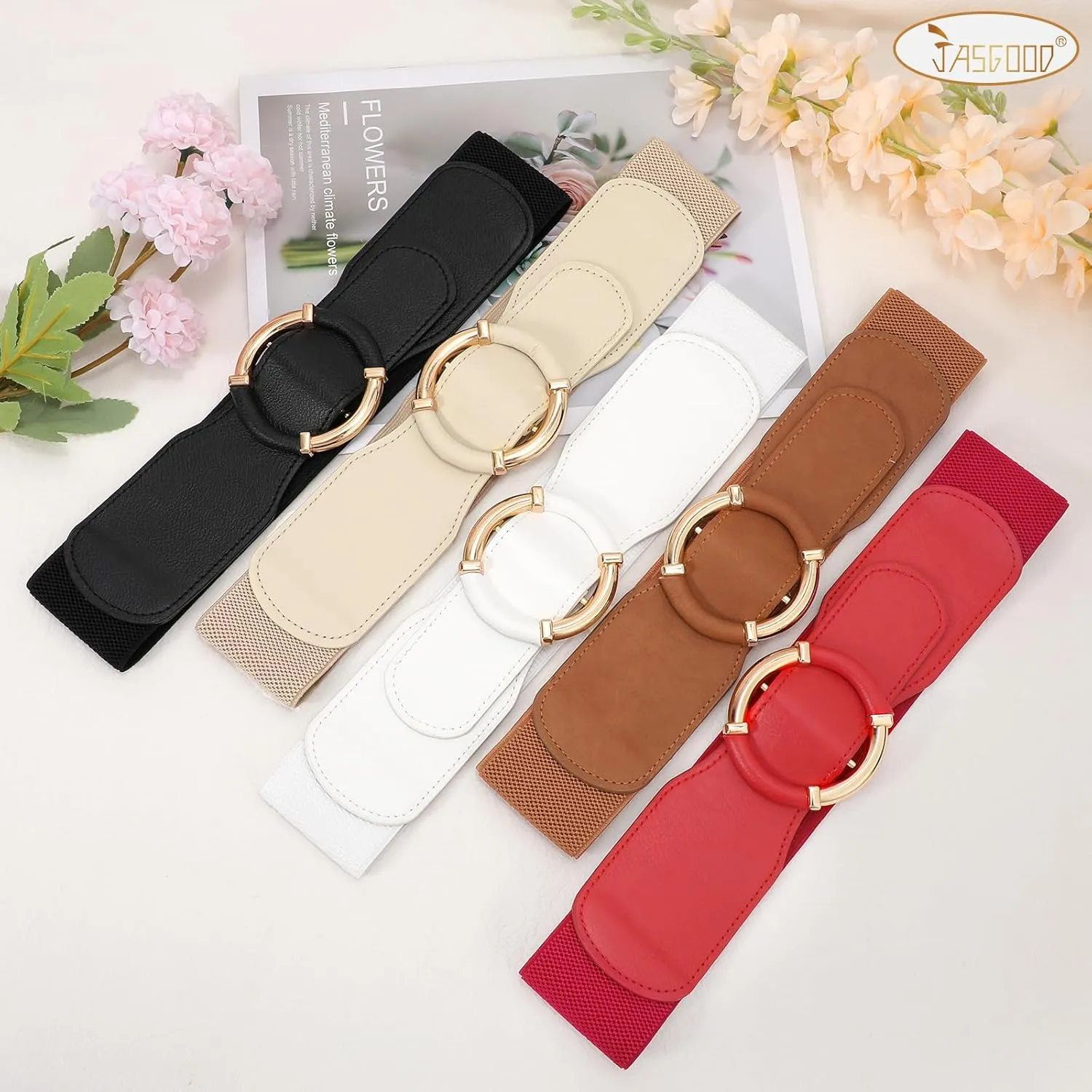 JASGOOD Women Wide Waist Belt Stretchy Elastic Vintage Belts for Dress Ladies Belt with Circle Buckle