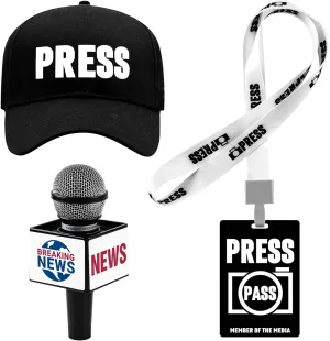Journalist News Reporter Costume Accessories Set, Press Hat Pass Microphone Prop for Halloween Dress Up Career Day Party (News Reporter 01)