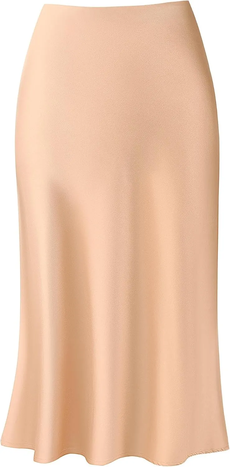 Keasmto Leopard Skirt for Women Midi Length High Waist Silk Satin Elasticized Cheetah Casual Ladies Skirts