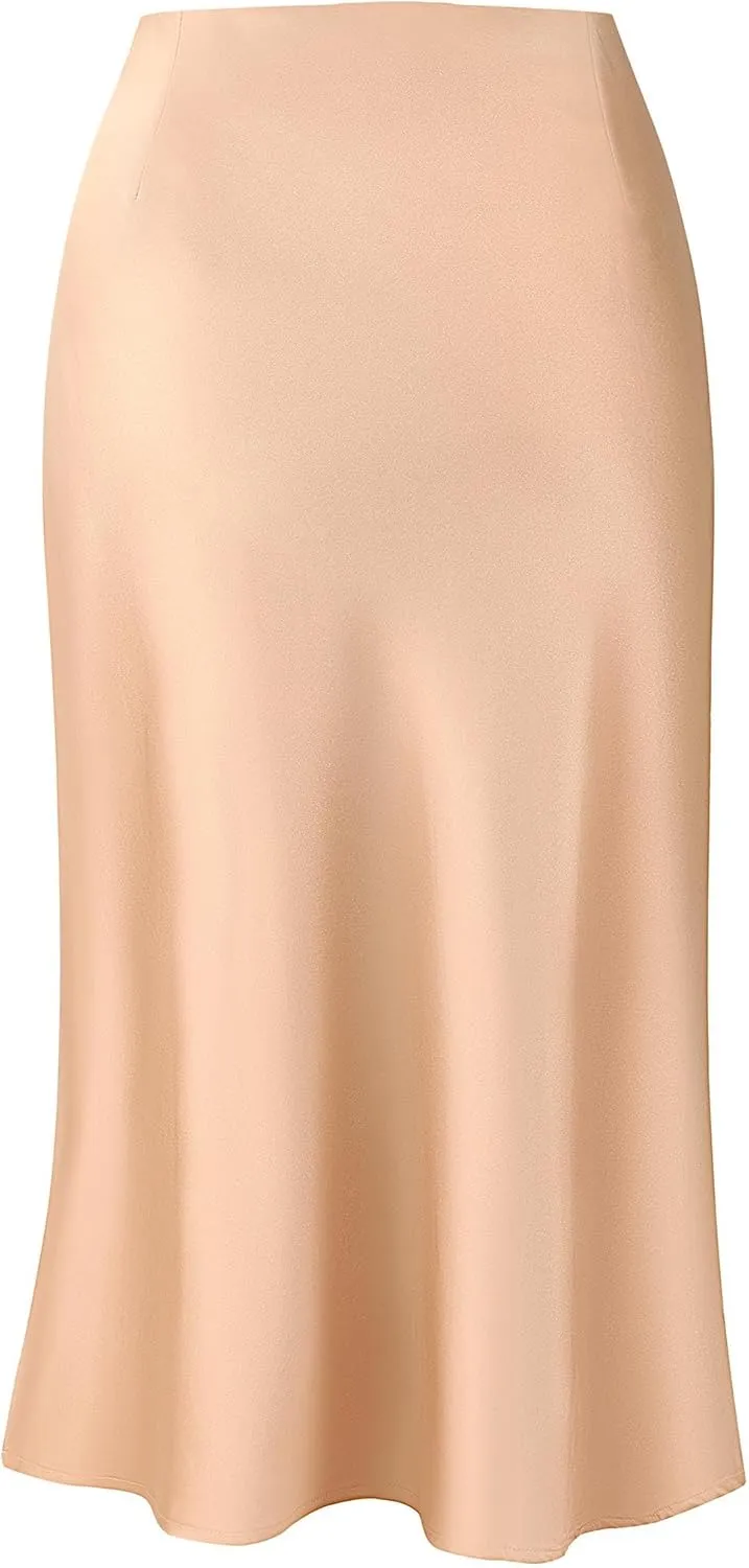 Keasmto Leopard Skirt for Women Midi Length High Waist Silk Satin Elasticized Cheetah Casual Ladies Skirts