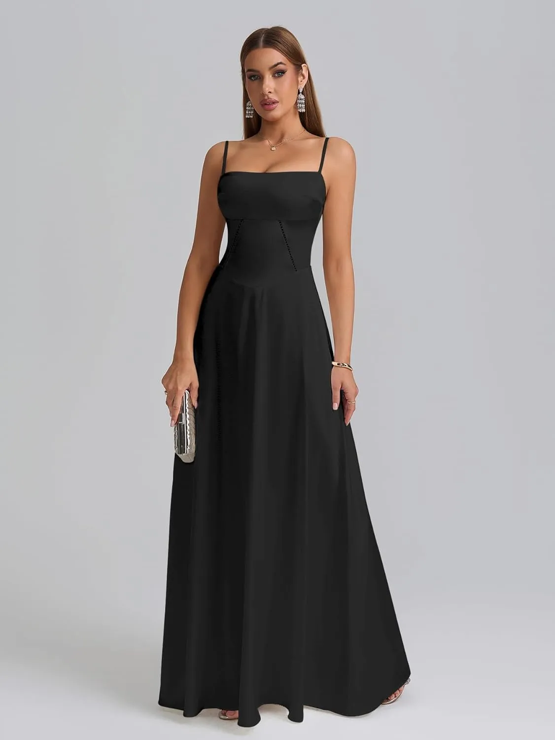 KUTUMAI Satin Maxi Dress Spaghetti Strap Lace Up Long Formal Dresses for Women Wedding Guest Cocktail Evening Prom