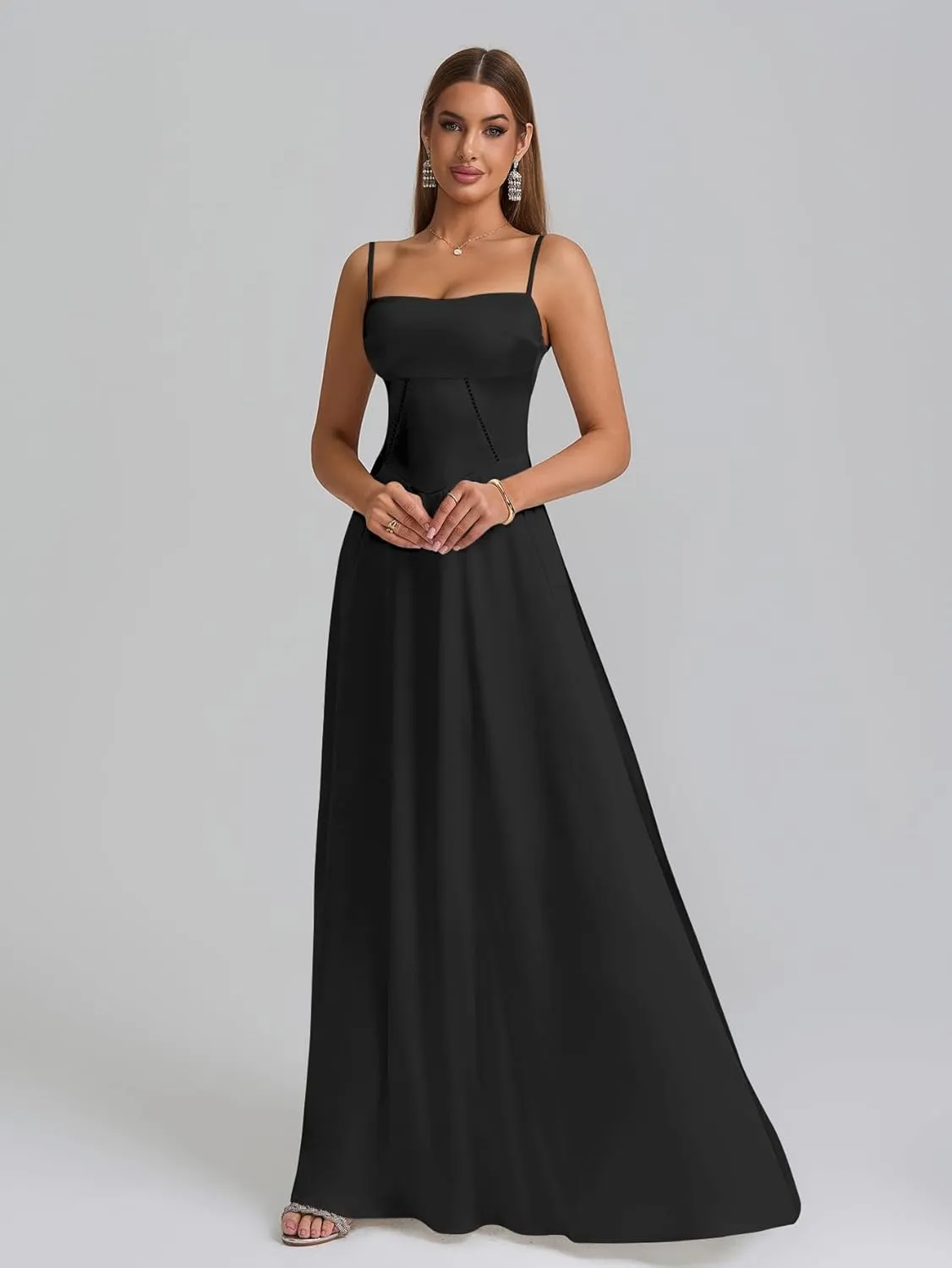 KUTUMAI Satin Maxi Dress Spaghetti Strap Lace Up Long Formal Dresses for Women Wedding Guest Cocktail Evening Prom