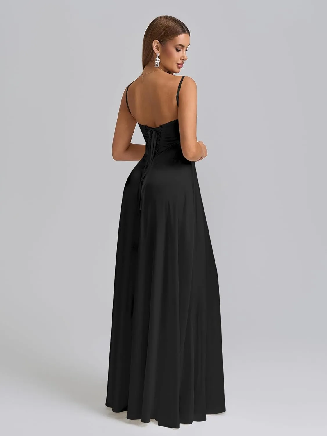 KUTUMAI Satin Maxi Dress Spaghetti Strap Lace Up Long Formal Dresses for Women Wedding Guest Cocktail Evening Prom