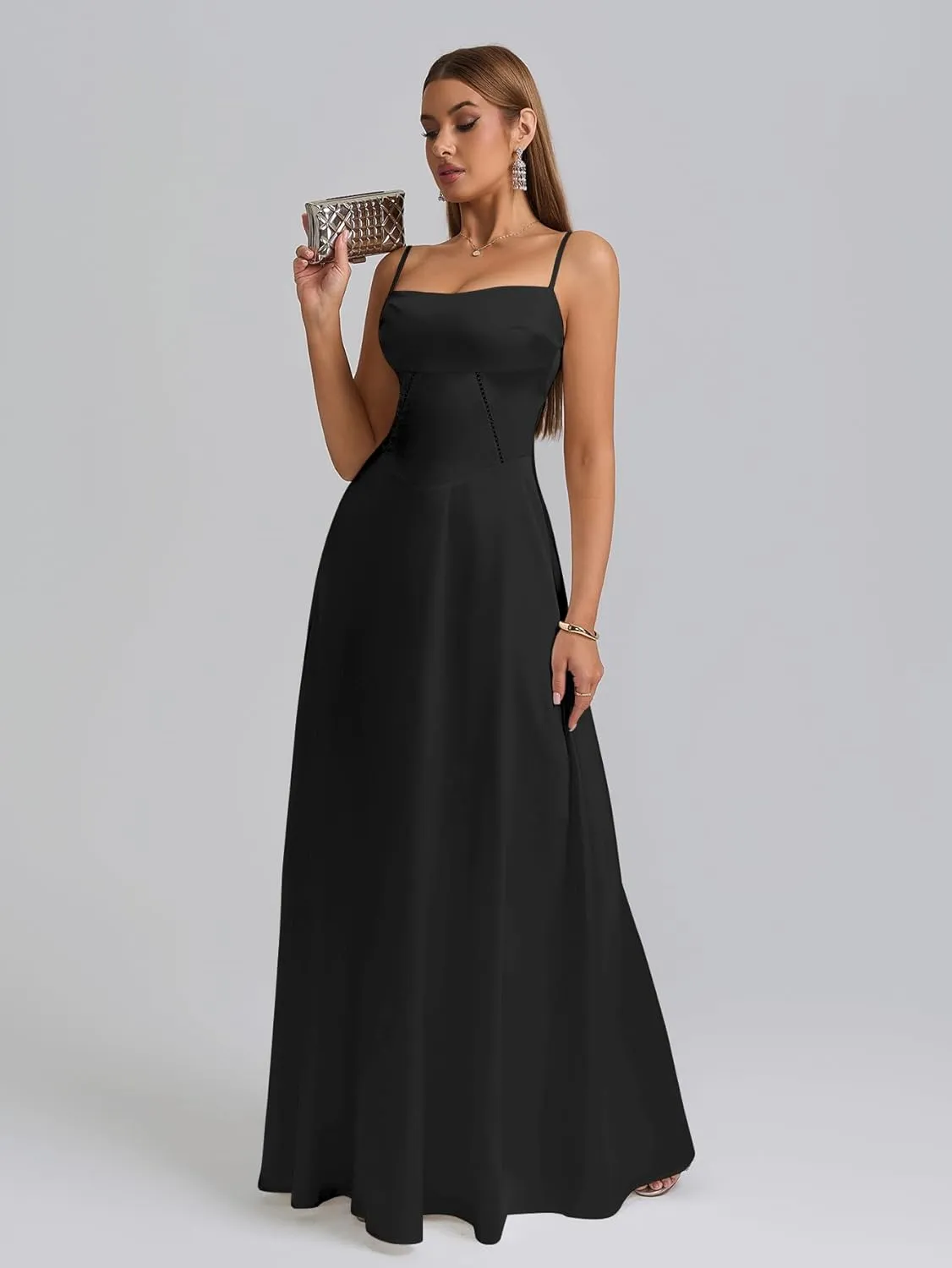 KUTUMAI Satin Maxi Dress Spaghetti Strap Lace Up Long Formal Dresses for Women Wedding Guest Cocktail Evening Prom