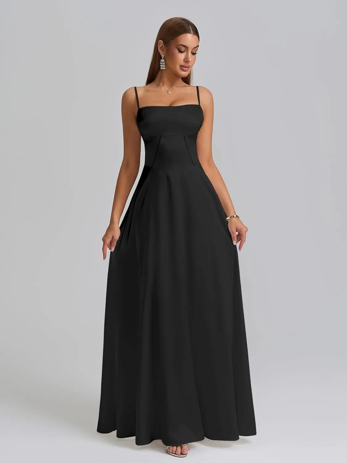 KUTUMAI Satin Maxi Dress Spaghetti Strap Lace Up Long Formal Dresses for Women Wedding Guest Cocktail Evening Prom