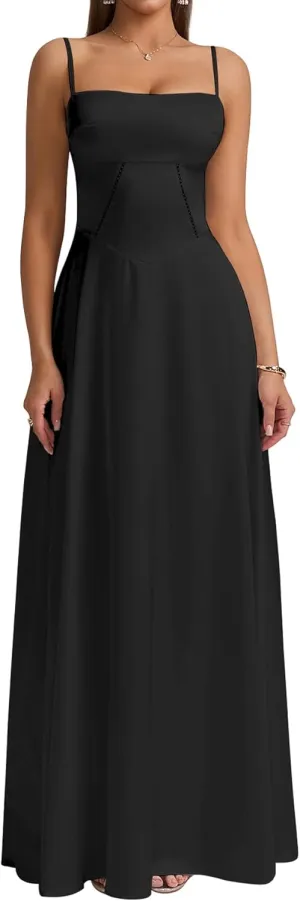 KUTUMAI Satin Maxi Dress Spaghetti Strap Lace Up Long Formal Dresses for Women Wedding Guest Cocktail Evening Prom