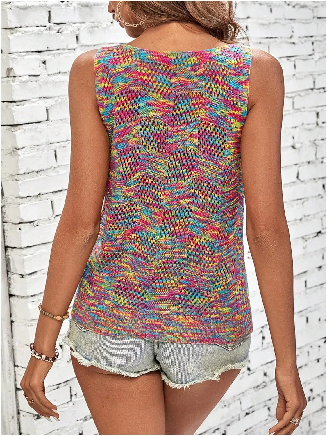 MakeMeChic Women's Crochet Tank Top Tie Dye Hollow Out Sleeveless Summer Shirt Going Out Tops