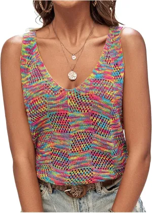 MakeMeChic Women's Crochet Tank Top Tie Dye Hollow Out Sleeveless Summer Shirt Going Out Tops