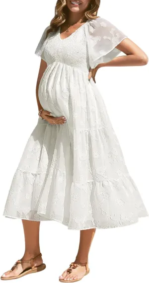 Maternity Dress for Baby Shower - 2025 Photoshoot Pregnancy Summer Midi Casual Flutter Sleeve Dress