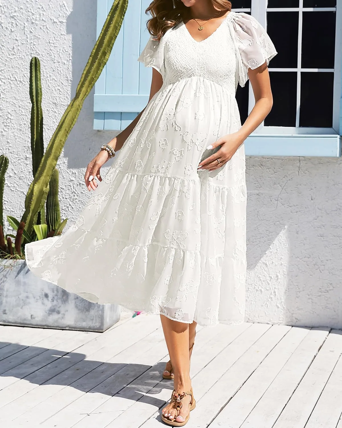 Maternity Dress for Baby Shower - 2025 Photoshoot Pregnancy Summer Midi Casual Flutter Sleeve Dress