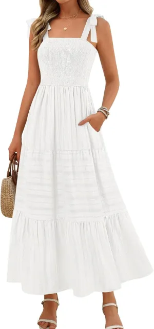 MEROKEETY Women's Summer Boho Maxi Dress Beach Vacation Casual Smocked A Line Sundress with Pockets