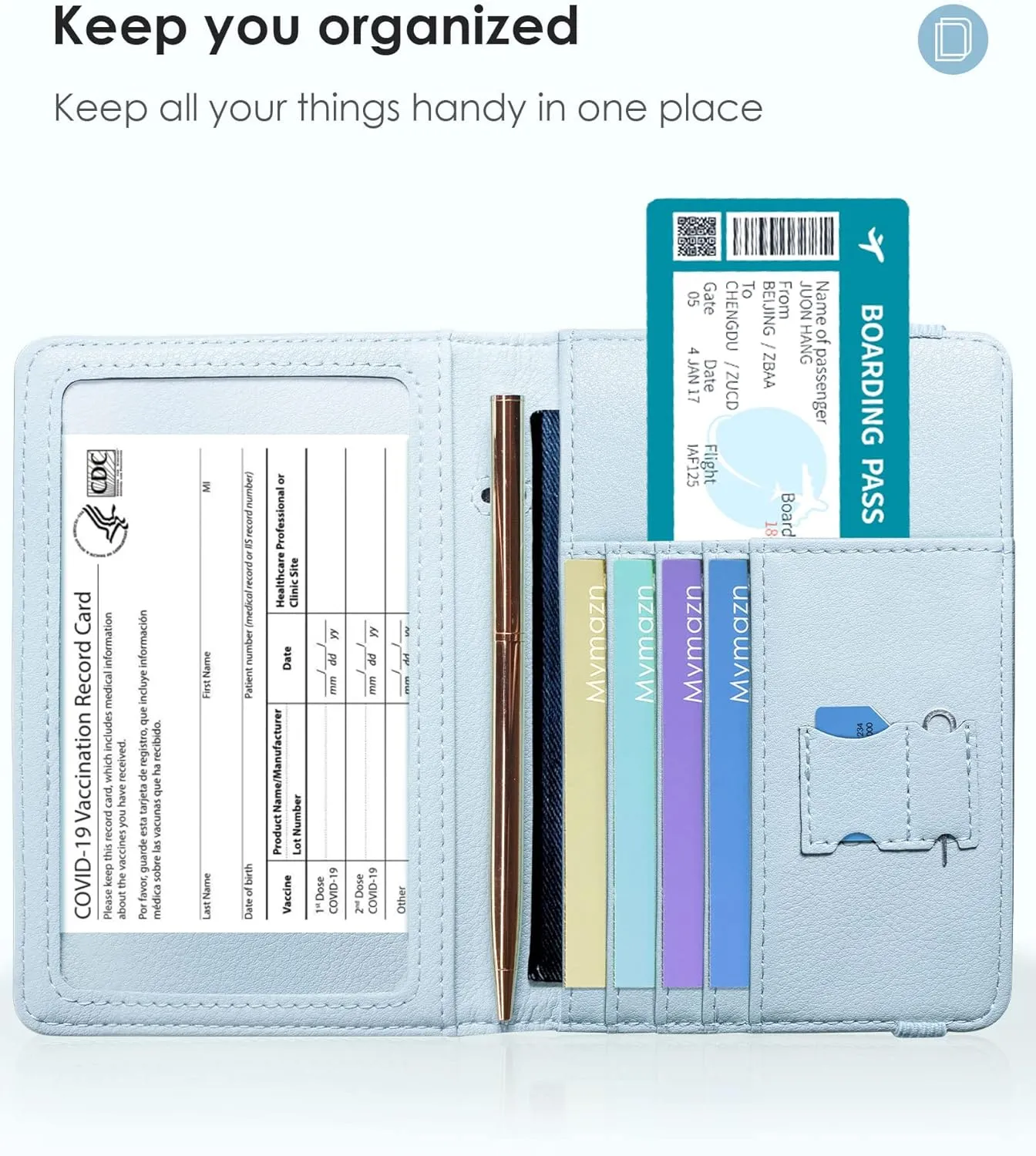 Mymazn Blue Passport Holder Women Passort Travel Wallet Vaccine Card Organizer Passport Case with Vaccination Card Holder with RFID Blocking Clear Pocket for Picture (blue)