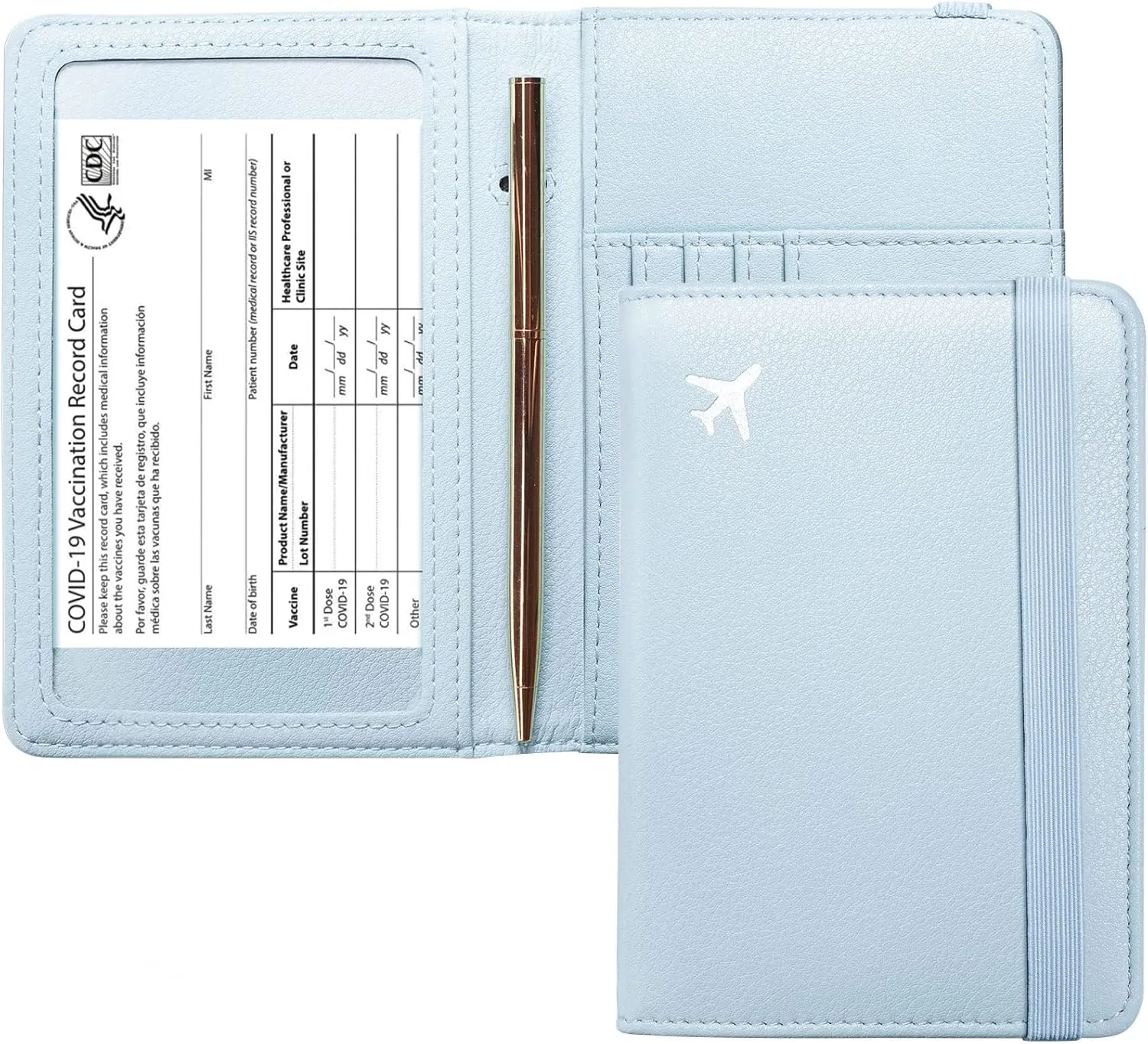 Mymazn Blue Passport Holder Women Passort Travel Wallet Vaccine Card Organizer Passport Case with Vaccination Card Holder with RFID Blocking Clear Pocket for Picture (blue)