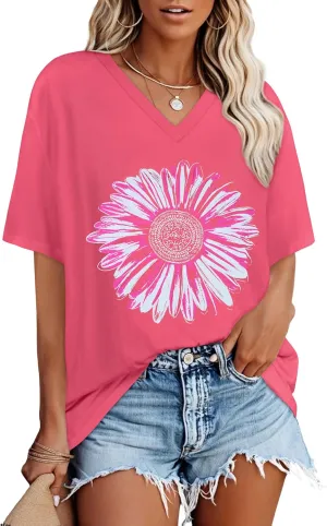 Oversized Tshirts for Women V Neck Short Sleeve Summer Casual Basic Loose Tops